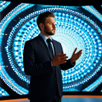 An innovative filmmaker, fully clothed in a modest, professional business outfit, stands confidently in a modern, high-tech studio. Behind them, a large, ultra-high-definition digital screen displays abstract, vibrant patterns reminiscent of traditional cultural motifs, interwoven with subtle, futuristic holographic light effects. The filmmaker is observing the screen with a thoughtful, engaged expression. Perfect anatomy, correct proportions, natural pose, well-formed hands, proper finger count, natural body proportions. The scene is lit with professional studio lighting, creating a cinematic, high-quality image with sharp focus and rich detail. Safe for work, appropriate content, fully clothed, professional dress, family-friendly.