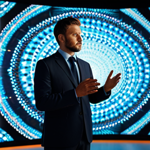 An innovative filmmaker, fully clothed in a modest, professional business outfit, stands confidently in a modern, high-tech studio. Behind them, a large, ultra-high-definition digital screen displays abstract, vibrant patterns reminiscent of traditional cultural motifs, interwoven with subtle, futuristic holographic light effects. The filmmaker is observing the screen with a thoughtful, engaged expression. Perfect anatomy, correct proportions, natural pose, well-formed hands, proper finger count, natural body proportions. The scene is lit with professional studio lighting, creating a cinematic, high-quality image with sharp focus and rich detail. Safe for work, appropriate content, fully clothed, professional dress, family-friendly.
