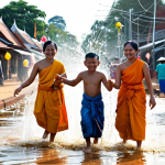 **

"A family-friendly scene at Chaul Chnam Thmey (Khmer New Year). People are fully clothed and playfully splashing water on each other in a safe, festive street setting. Temples are visible in the background. Appropriate attire, perfect anatomy, natural proportions, bright daylight, professional photography, high quality, safe for work, appropriate content, fully clothed, modest."

**