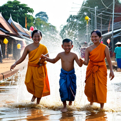 **

"A family-friendly scene at Chaul Chnam Thmey (Khmer New Year). People are fully clothed and playfully splashing water on each other in a safe, festive street setting. Temples are visible in the background. Appropriate attire, perfect anatomy, natural proportions, bright daylight, professional photography, high quality, safe for work, appropriate content, fully clothed, modest."

**