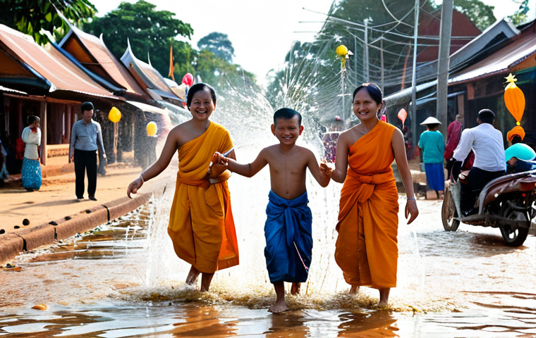 **
"A family-friendly scene at Chaul Chnam Thmey (Khmer New Year). People are fully clothed and playfully splashing water on each other in a safe, festive street setting. Temples are visible in the background. Appropriate attire, perfect anatomy, natural proportions, bright daylight, professional photography, high quality, safe for work, appropriate content, fully clothed, modest."
**