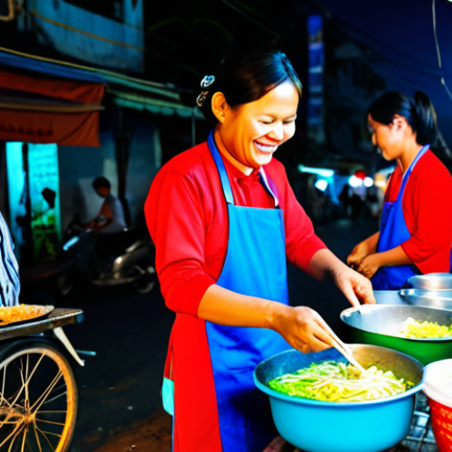 **

"A bustling Cambodian street food scene at night. Focus on a vendor selling kuy teav (noodle soup) from a colorful cart. Locals and tourists are gathered, enjoying the inexpensive meal. Capture the vibrant atmosphere, with close-up details of the food, steam rising, and smiling faces. Safe for work, appropriate content, fully clothed individuals, family-friendly."

**