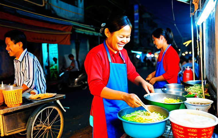 **
"A bustling Cambodian street food scene at night. Focus on a vendor selling kuy teav (noodle soup) from a colorful cart. Locals and tourists are gathered, enjoying the inexpensive meal. Capture the vibrant atmosphere, with close-up details of the food, steam rising, and smiling faces. Safe for work, appropriate content, fully clothed individuals, family-friendly."
**