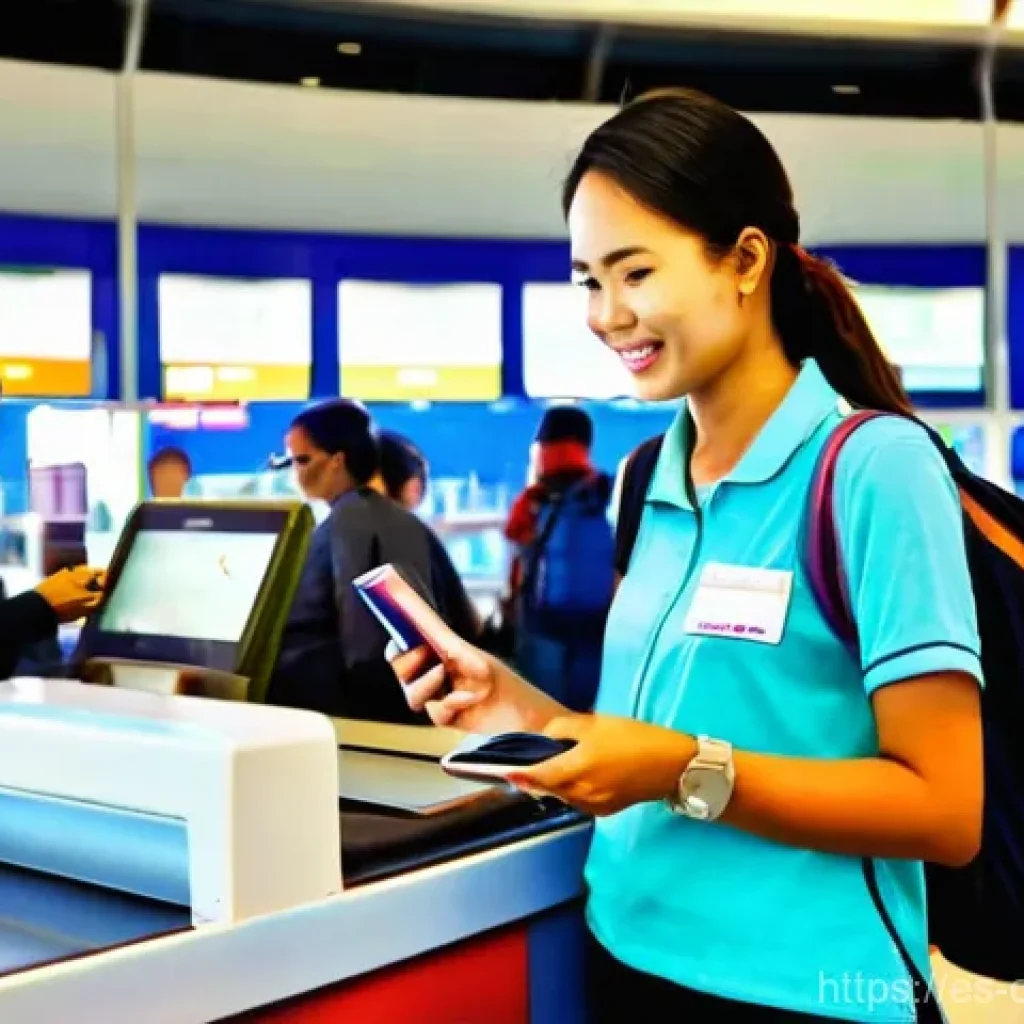 캄보디아 SIM 카드 구매법 - **Airport SIM Purchase:** A young female traveler, appearing to be in her mid-20s, with a friendly e...