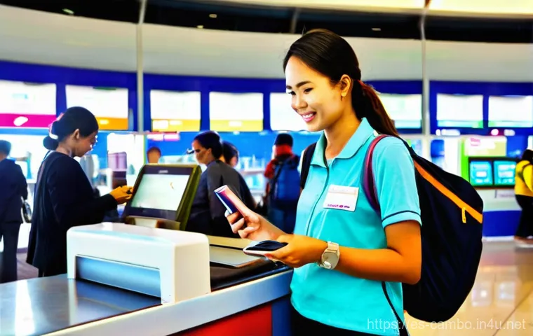 캄보디아 SIM 카드 구매법 - **Airport SIM Purchase:** A young female traveler, appearing to be in her mid-20s, with a friendly e...