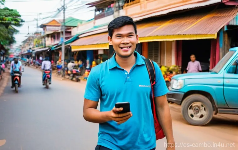 캄보디아 SIM 카드 구매법 - **Airport SIM Purchase:** A young female traveler, appearing to be in her mid-20s, with a friendly e...