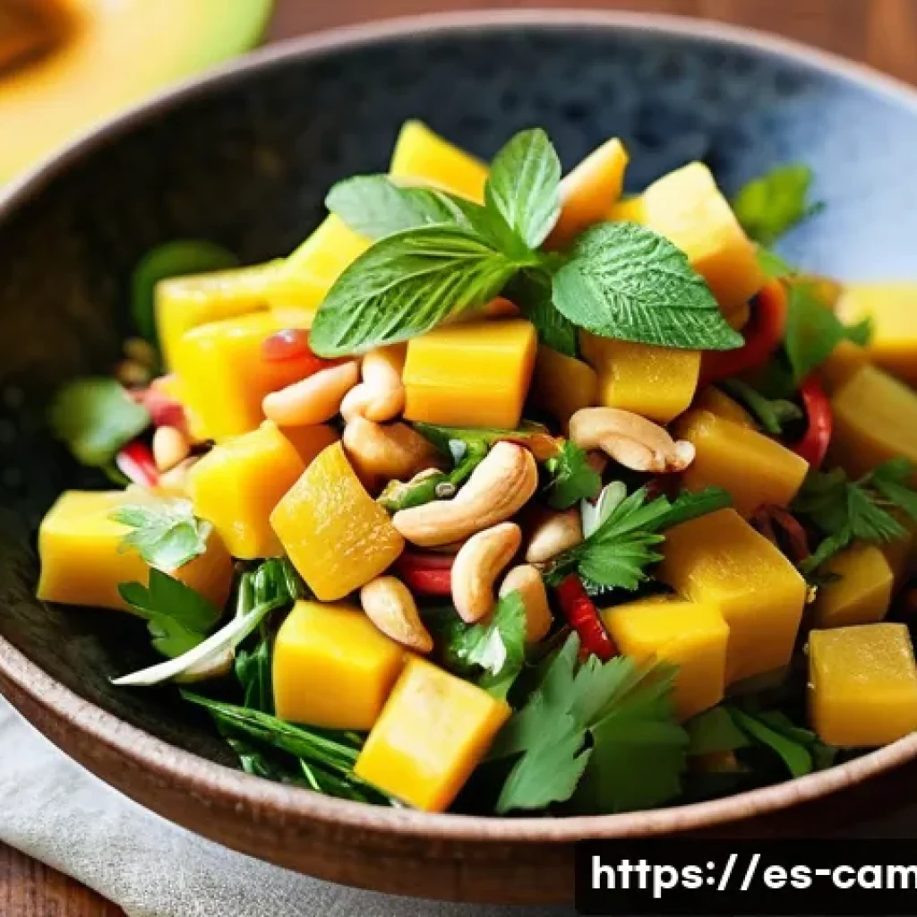 캄보디아 망고 샐러드 - **Vibrant Cambodian Green Mango Salad in a Spanish Home Kitchen**
"A close-up, high-angle shot o...