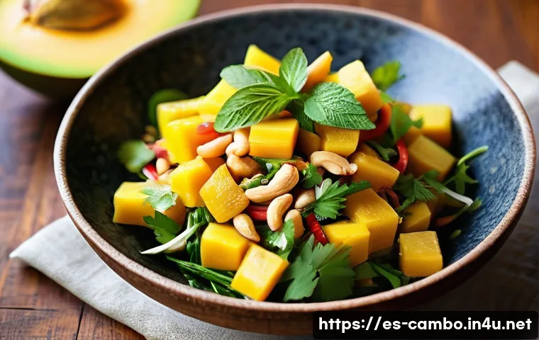 캄보디아 망고 샐러드 - **Vibrant Cambodian Green Mango Salad in a Spanish Home Kitchen**
"A close-up, high-angle shot o...