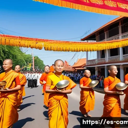 Home 33 캄보디아 언어와 문화 - A vibrant Cambodian New Year celebration scene, "Chaul Chnam Thmey," featuring families dressed in t...