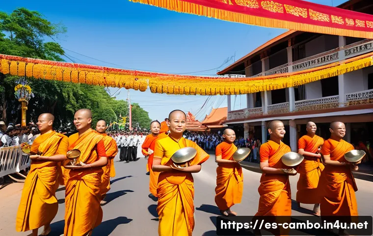 캄보디아 언어와 문화 - A vibrant Cambodian New Year celebration scene, "Chaul Chnam Thmey," featuring families dressed in t...