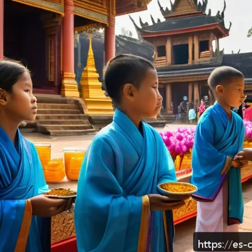 Home 31 캄보디아 독립 기념일 - A vibrant scene of a Cambodian Independence Day morning ritual at a temple, showing families dressed...