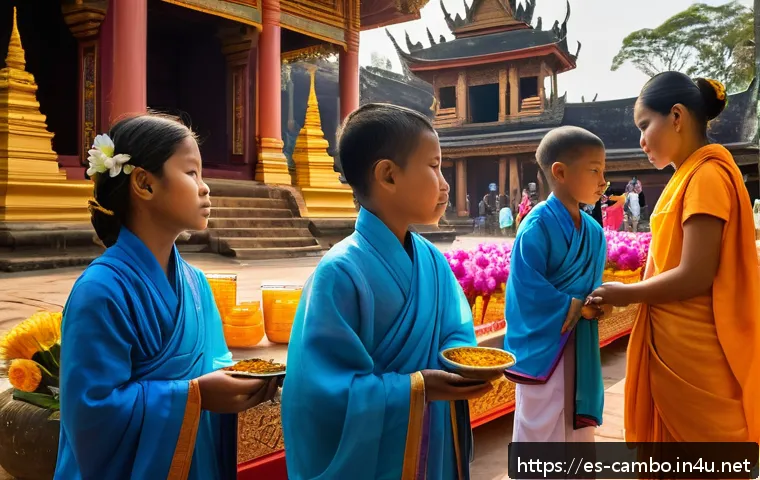 캄보디아 독립 기념일 - A vibrant scene of a Cambodian Independence Day morning ritual at a temple, showing families dressed...
