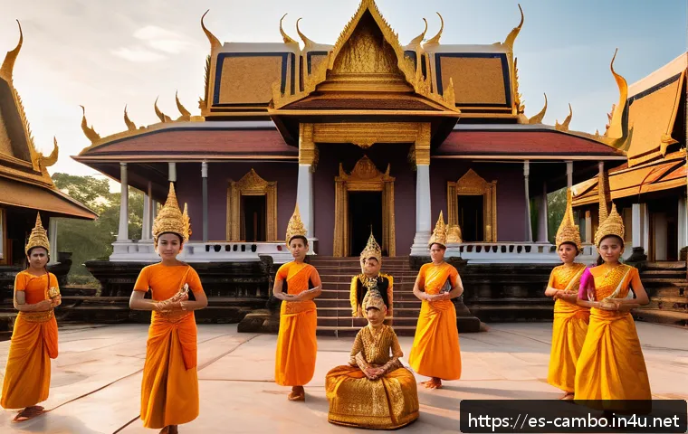 캄보디아 내전 잔재 - A vibrant scene of traditional Cambodian apsara dancers performing in an ornate temple courtyard at ...
