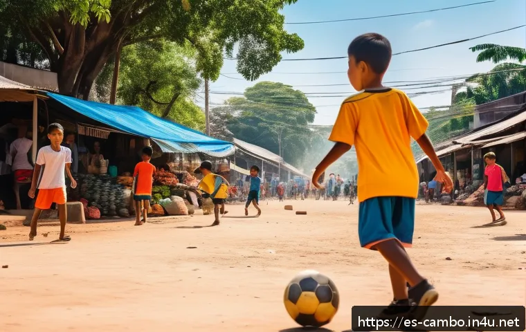 캄보디아 축구 국가대표 - A vibrant street football scene in Phnom Penh, Cambodia, showing enthusiastic children wearing color...
