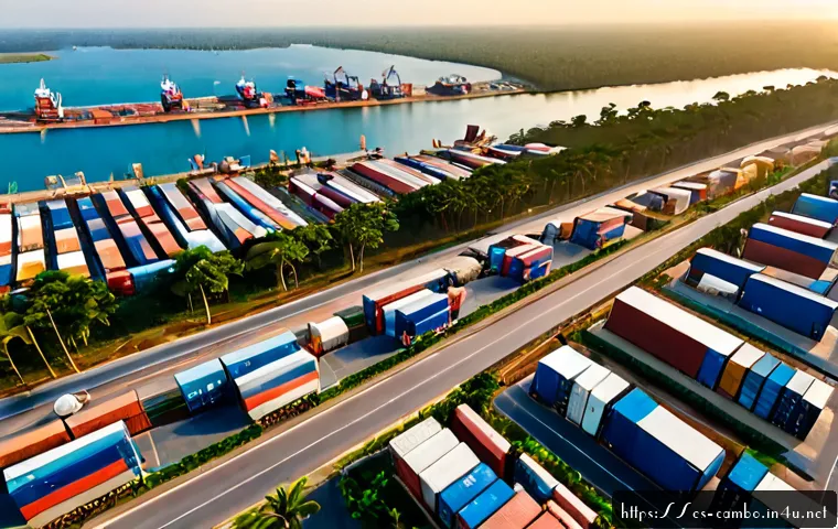 Home 17 시하누크 경제특구 - Photorealistic aerial view of a modern special economic zone near Cambodia’s tropical coastline, ord...