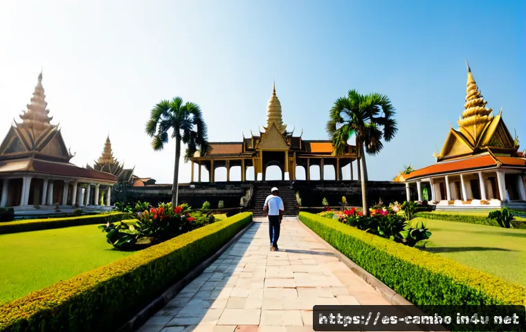 프놈펜 왕궁 방문 - Photorealistic wide-angle travel scene of Phnom Penh Royal Palace, Cambodia, viewed from the manicur...