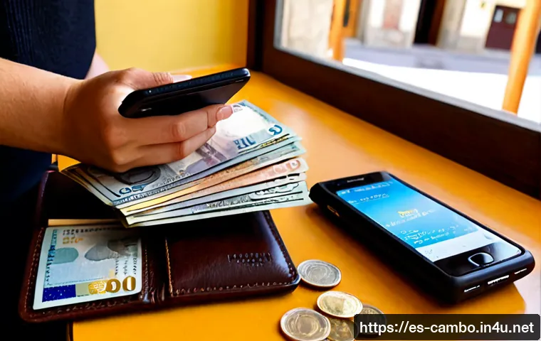 Home 17 현지 통화와 환율 정보 - Photorealistic travel finance scene in a sunlit Spanish café, a traveler comparing colorful euro ban...
